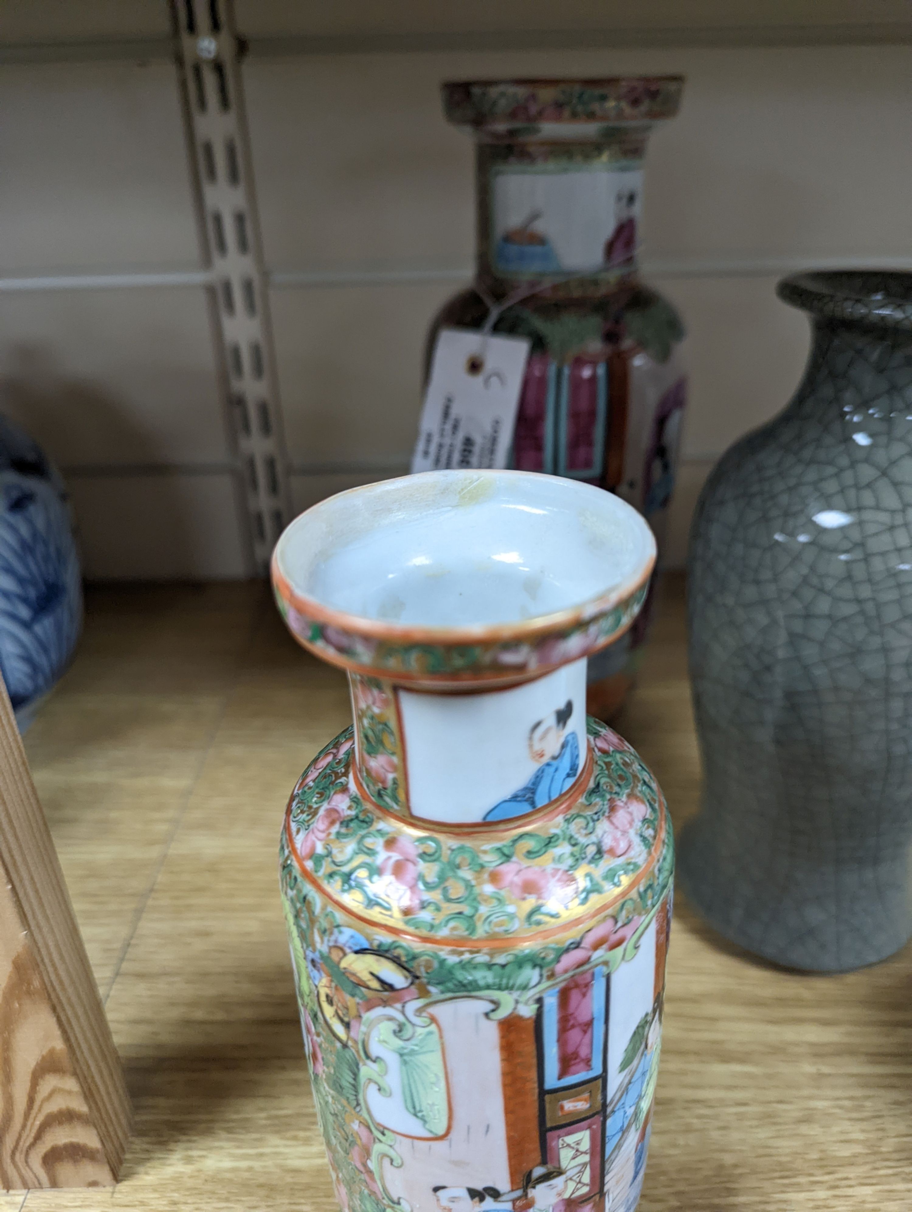 Two Chinese famille rose vases and a Celadon crackle glazed vase, 19th-century and later, tallest 25 cm